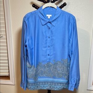 Talbots Blue Button-Up Shirt with Paisley Design